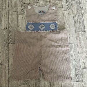 Molly Pop Seersucker Smocked Boys Shortalls Overalls Shorts Embroidered 12 Month